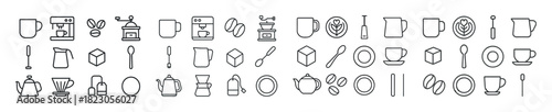 Minimalist coffee icons set illustrating brewing tools and accessories