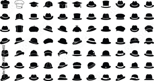 Large collection of various hat silhouettes including formal, casual, vintage, and modern headwear icons displayed in clean black vector style