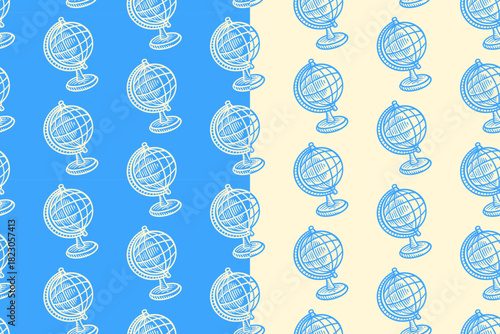 Earth globe model engraving seamless pattern on blue beige background set for adventure merchandise. World sphere line art doodle pattern background. Terrestrial map globe hatching motif wallpaper