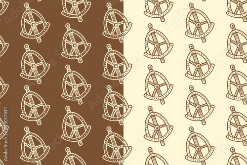 Celestial astrolabe engraving seamless pattern on tan beige background set for merchandise. Compass and directional line art doodle pattern background. Maritime navigation hatching motif wallpaper