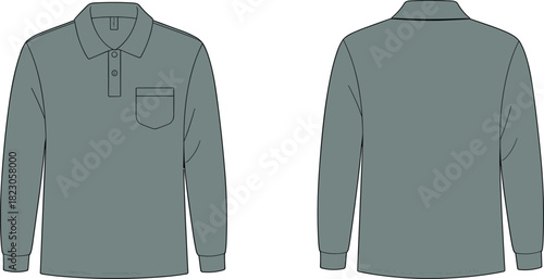 Long sleeve polo shirt flat sketch, classic collar three button placket, chest pocket apparel template, ribbed cuffs hem, fashion garment illustration