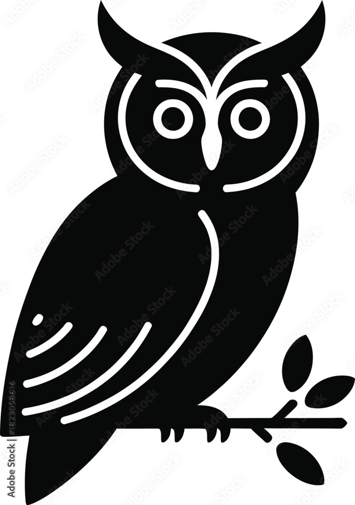 Fototapeta premium Black silhouette of an owl perched on a branch bird