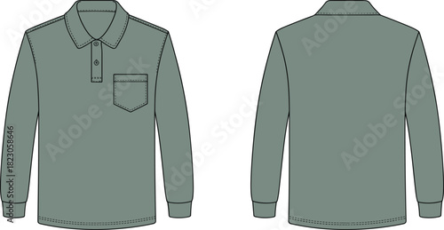 Long sleeve polo shirt flat sketch, classic collar three button placket, chest pocket apparel template, stitched cuffs hem, fashion garment illustration