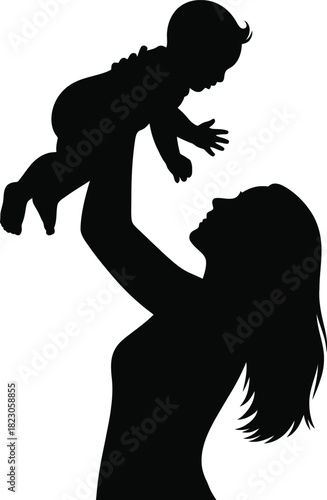 Mother holding baby silhouette on white background