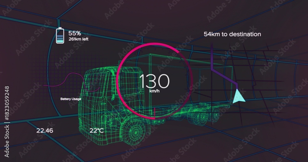 Fototapeta premium Displaying neon-green-wireframe-semi-truck in 3D grid tunnel, showing 130 km or h gauge, 55%, 54km