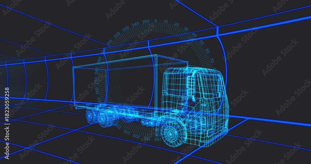 Fototapeta premium Showing neon wireframe cargo truck occupying virtual tunnel center, with grid floor and angle HUD