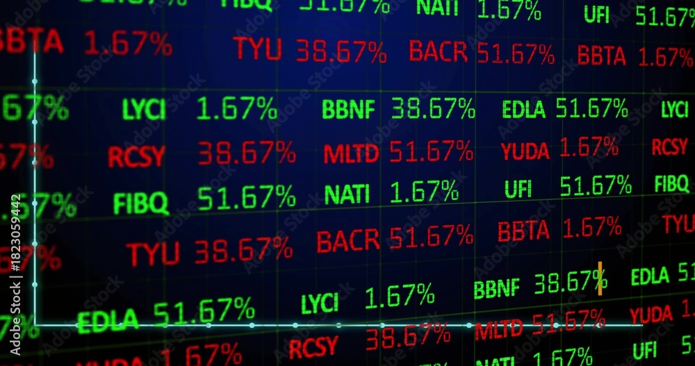 Fototapeta premium Displaying LED ticker showing neon green and red symbols, percentages and trendline on market feed