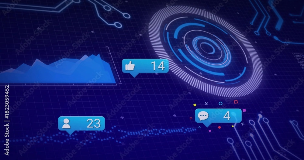 Obraz premium Displaying concentric HUD on right-side grid panel showing blue chart dotted line bubbles 23 or 14 o