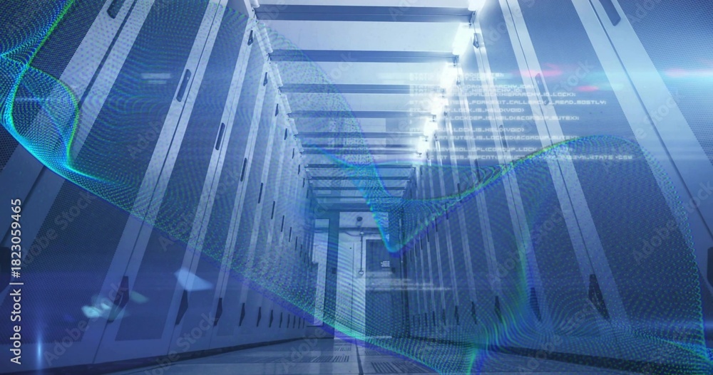 Fototapeta premium Showing server racks, floor lining datacenter corridor to secured door, holographic waveform, LEDs