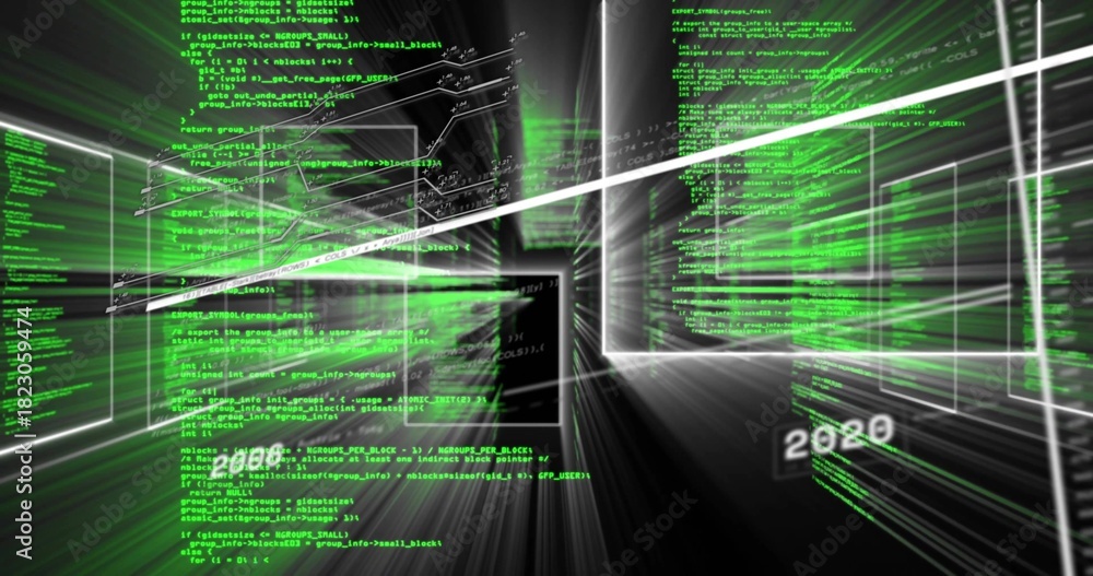 Fototapeta premium Streaming code panels and wireframes forming virtual data corridor, white streaks, labels 2000 2020