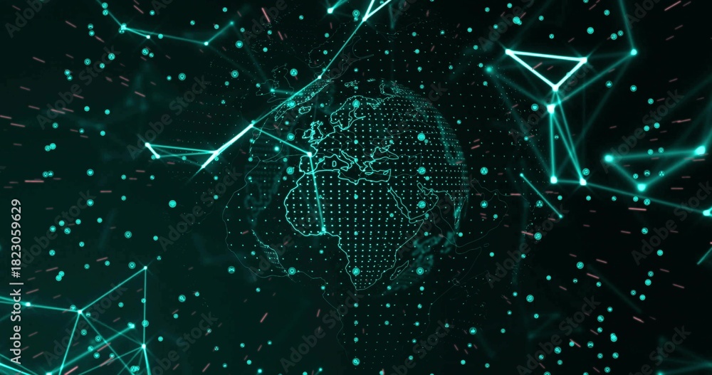 Fototapeta premium Rotating stylized dotted globe orbiting center-left in virtual 3D space, with mesh and nodes