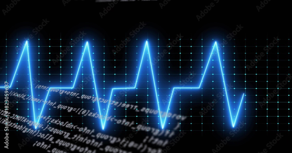 Obraz premium Displaying neon-blue waveform trace glowing across dark dashboard with teal dot grid, code