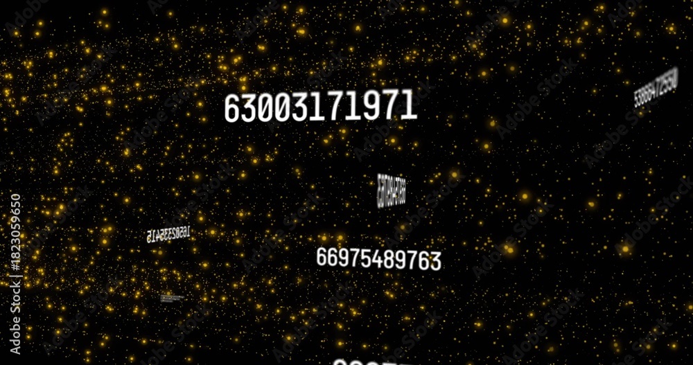 Obraz premium Floating large white number string 63003171971 rotating in dark data space, with golden particles