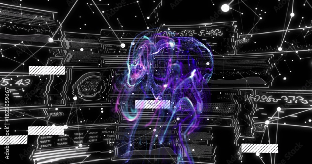 Fototapeta premium Glowing central brain-shaped nebula floating in virtual 3D space, with node network and data panels