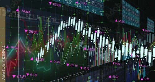 Showing white candlestick bars across dark trading screen, with colored lines, magenta markers