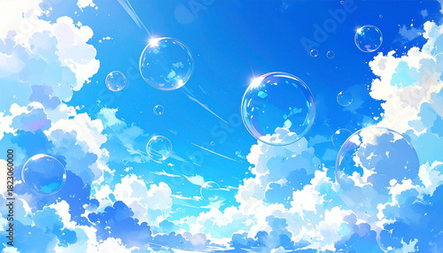 青空に浮かぶシャボン玉の水彩画風イラスト