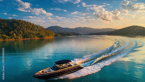 The boat gently rocked on the calm water, reflecting the vibrant colors of the sunset.