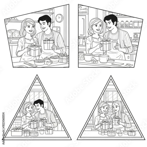 Happy young couple in aprons sharing a special gift together in a kitchen setting.