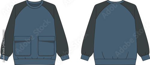 Long sleeve pullover sweatshirt, crew neck, raglan sleeves, patch pockets, front and back view, casual wear, fashion apparel, unisex garment