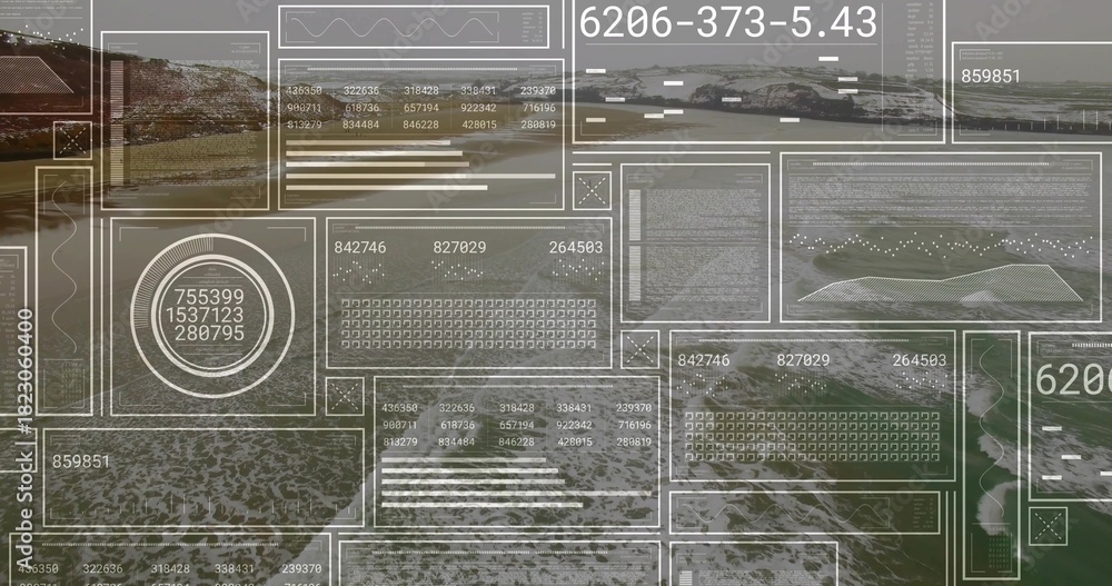 Naklejka premium Displaying coastal shore showing rocky cliffs beach surf from drone with HUD panels and gauges