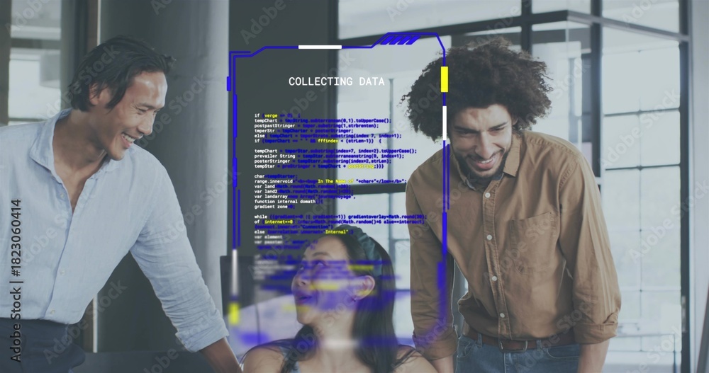Fototapeta premium Working colleagues in shirts and tank top leaning at office desk with COLLECTING DATA hologram