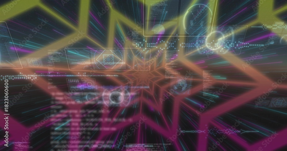 Fototapeta premium Glowing multi-pointed star radiating neon streaks in virtual cyberspace, with hexagons and nodes