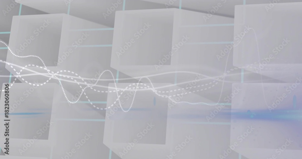 Fototapeta premium Flowing translucent waveforms crossing hollow cube grid in 3D studio, showing dotted white line