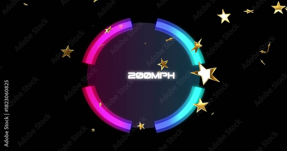 Obraz premium Glowing HUD graphic displaying magenta and cyan arcs on black backdrop, 200MPH and gold stars