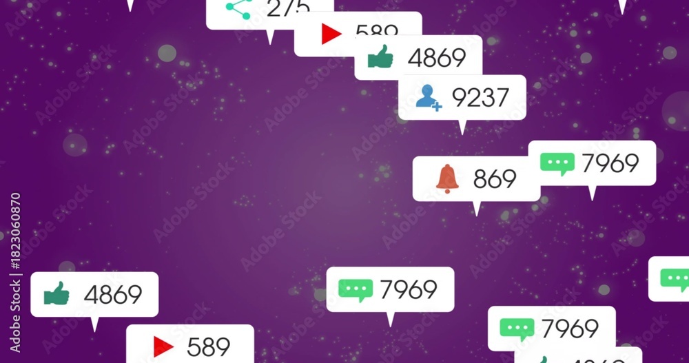 Naklejka premium Floating white notification bubble cluster on purple gradient backdrop showing icons and numbers