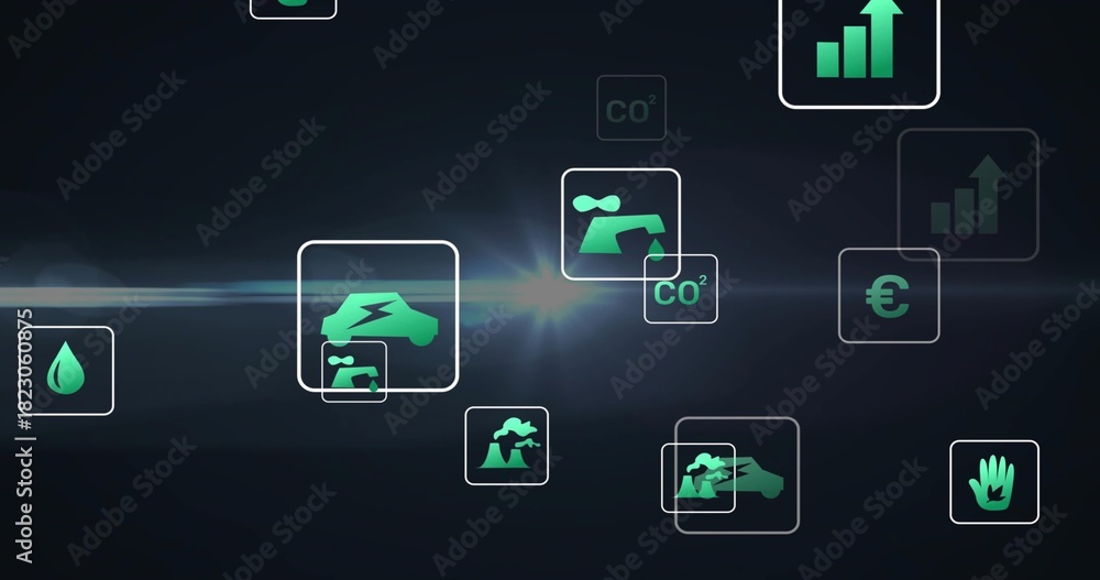 Naklejka premium Displaying neon-green eco icons in rounded squares floating on dark UI, showing electric car, CO2