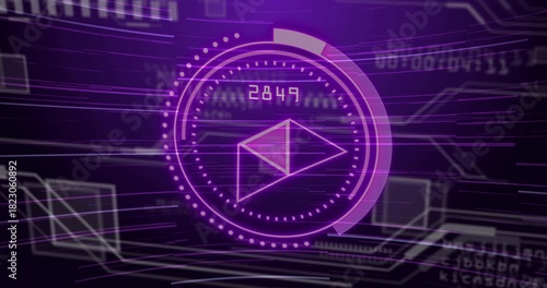 Animating central HUD pulsing dotted ring, envelope, progress arc and numeric 2849 in cyberspace