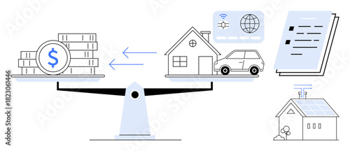 Weighted scale balancing money and property items. Includes cash, house, car, documents, renewable energy. Ideal for finance, mortgage, loan investment property sustainability decision-making