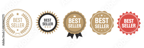 Best Seller Sticker Set – Premium Quality Labels in Gold and Red, E-Commerce Product Badges, Retail Promotion Tags, Featured Item Icons, Marketing Highlight Vector Design