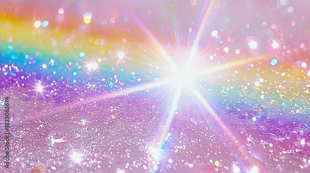 Fototapeta premium Sparkling rainbow glow over shimmering surface enchanting landscape fantasy environment close-up view