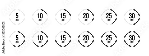 Set of stopwatch timer icon illustration. Stopwatch Timer Icon Set 5, 10, 15, 20, 25, 30, 35, 40, 45, 50, 55, 60 minutes for Web App, Workout, and Time Management