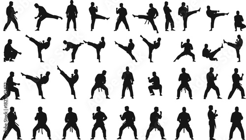 Martial arts fighter silhouettes collection, dynamic karate and kickboxing poses, action training movements for combat sport, fitness illustration, self-defense design