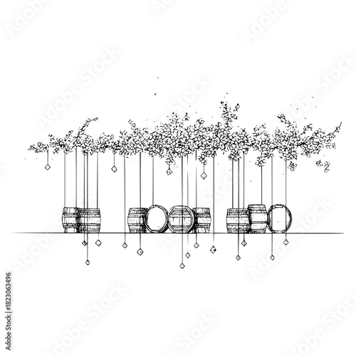 Illustration of wine barrels hanging from a floral canopy isolated on, creating a whimsical and elegant atmosphere