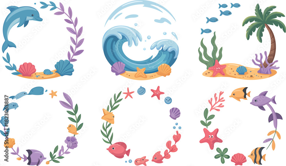 Naklejka premium Set of six colorful underwater and beach-themed vector frames featuring dolphins, fish, waves, corals, and tropical elements. Cute ocean and sea life frame illustrations 