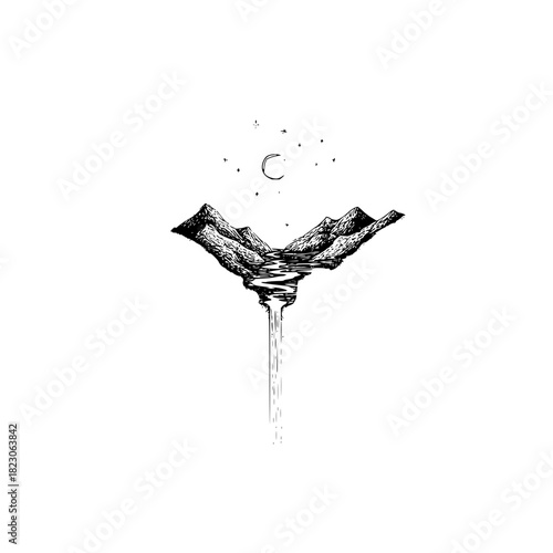 A captivating black and white illustration of a mountain range with a waterfall under a crescent moon, isolated on