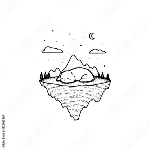 A sleeping bear on a floating island under the moonlight, surrounded by mountains and trees isolated on