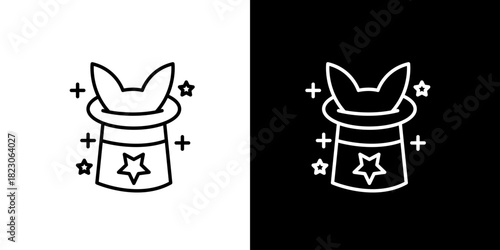 Outline icon of a magician's top hat with rabbit ears appearing, surrounded by sparkling stars, symbolizing magic, illusion, and surprise entertainment