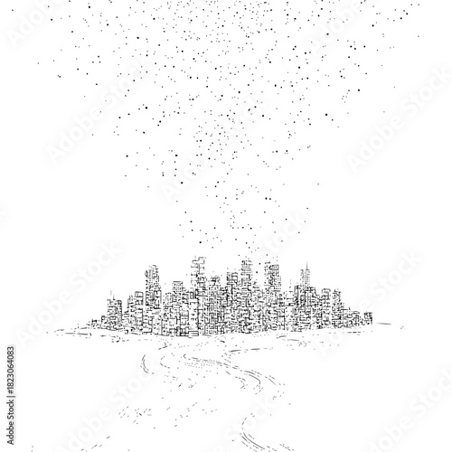 Cityscape drawing isolated on shows a modern city with tall buildings and a road leading to it in black and white