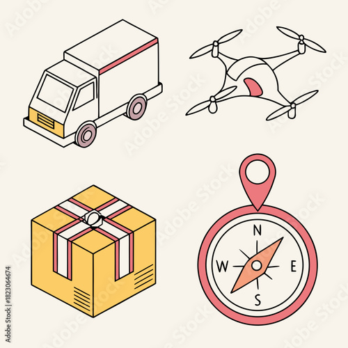 Modern delivery logistics and navigation concepts illustrated with isometric icons of a delivery truck a drone a package and a compass with a map pin