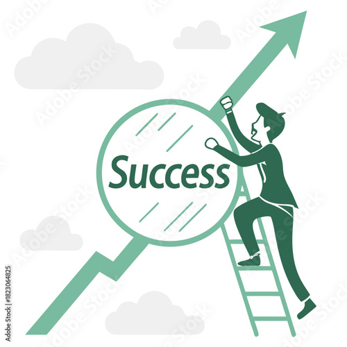 A determined businessman climbs a ladder towards a magnifying glass revealing the word success and an upward trending arrow symbolizing achievement and growth