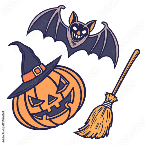 Spooky halloween illustration featuring a grinning jack o lantern wearing a witch hat a flying bat with sharp teeth and a witch s broomstick on a white background