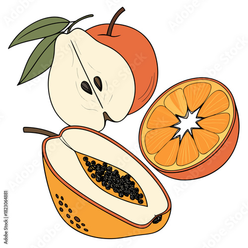 A vibrant illustration featuring a halved pear with leaves a whole apple a sliced orange and a cut papaya filled with seeds all on a white background