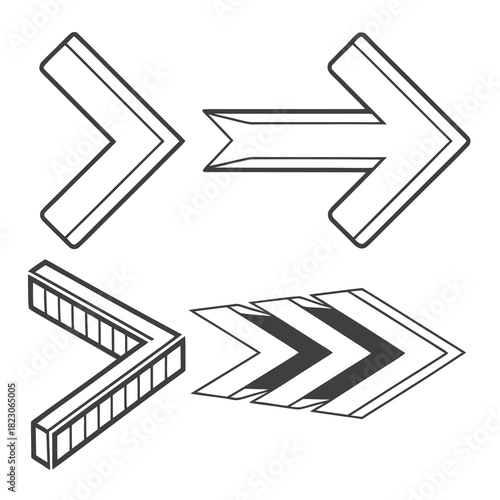 A collection of four distinct arrow icons in a simple line art style showcasing directional movement and geometric shapes on a white background