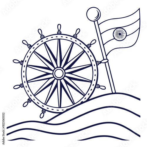 Nautical steering wheel with indian flag and wavy sea lines symbolizing maritime journey and national pride in a clean graphic illustration