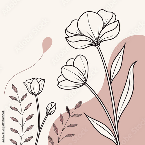 Elegant minimalist line art floral composition featuring blooming tulips and delicate branches with abstract blush pink organic shapes on a soft cream background