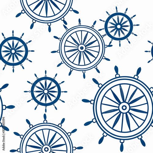 Seamless pattern of vintage navy blue ship wheels and helm icons on a clean white background for nautical themes and maritime design projects